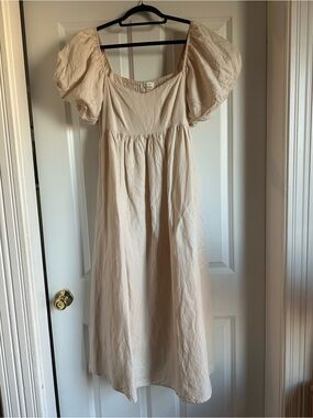 Bohme Linen Blend Puff-Sleeve Cream Midi Dress